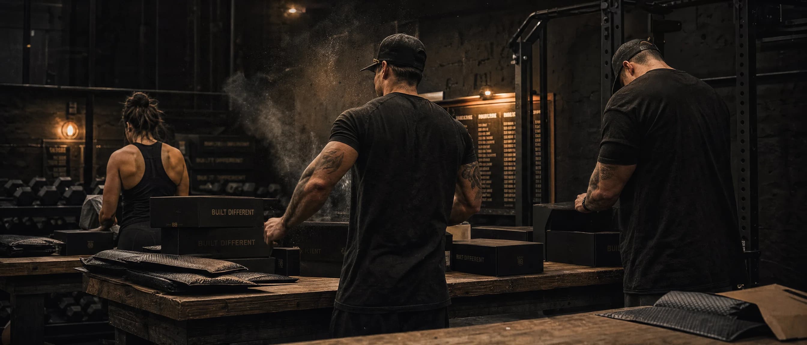 About — athletes packing orders in the gym